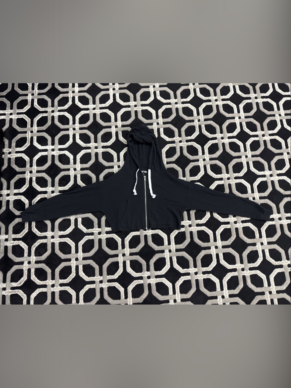 Katie J NYC Black Cropped Zip Hoodie with White Drawstrings